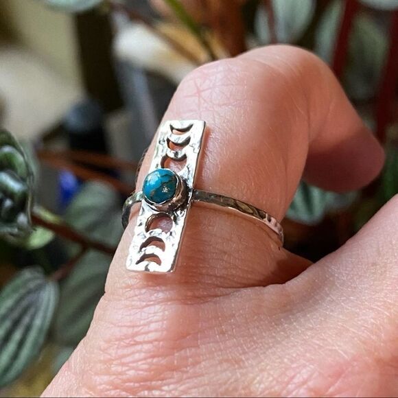 Copper Blue Turquoise Moon Phase Hammered Sterling Silver Ring Size 6.5 - Picture 3 of 7